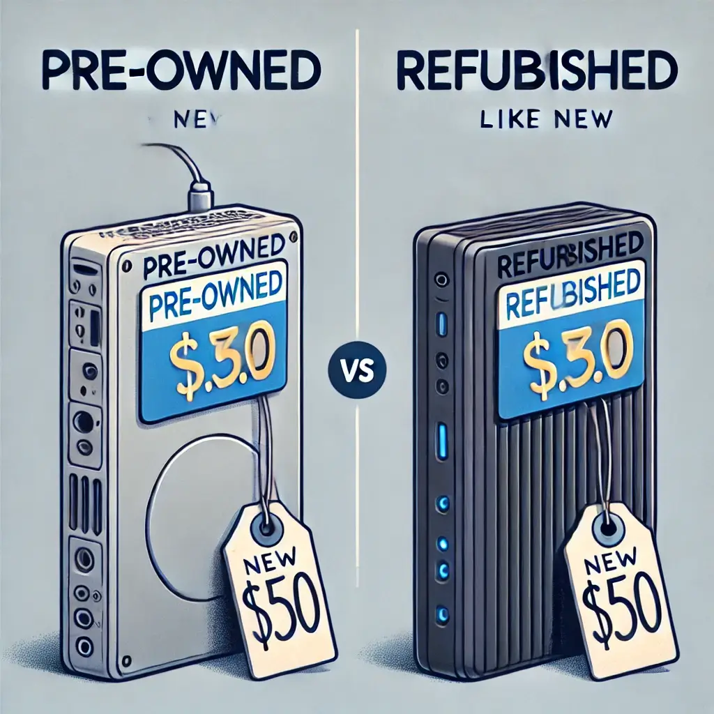 Side-by-side comparison of pre-owned and refurbished electronic products, highlighting differences in condition and pricing.