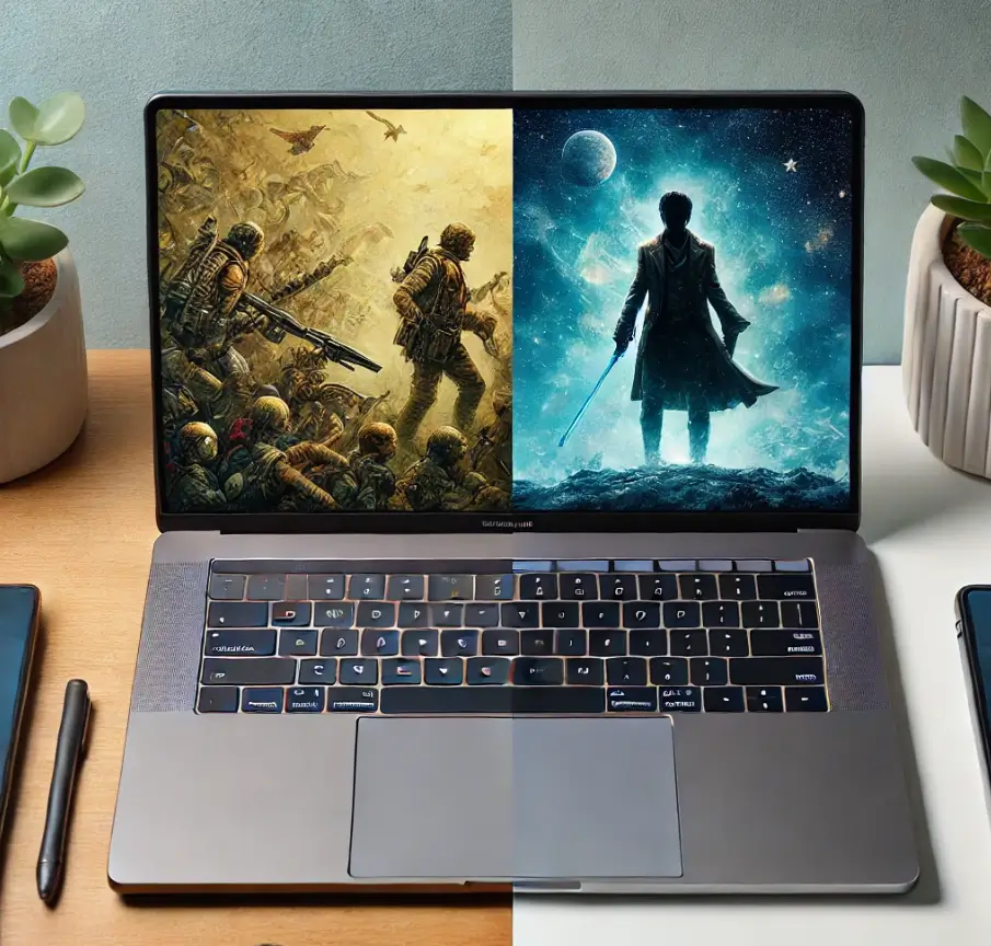 A side-by-side comparison of a refurbished laptop and a second-hand laptop on a desk